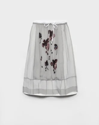 Falda midi de gasa bordada