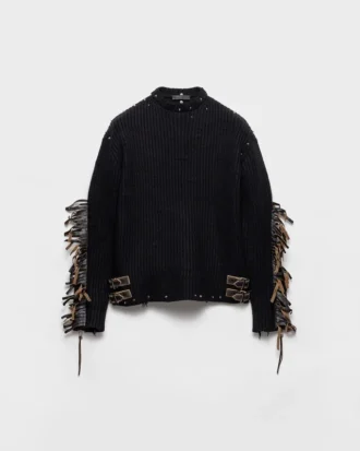 Jersey de lana de cuello redondo con flecos y tachuelas