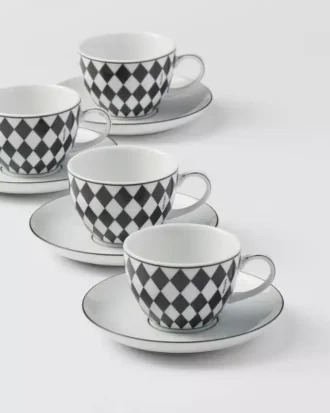 Juego de cuatro tazas de café espresso de porcelana – Tablero de ajedrez