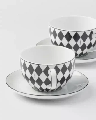 Juego de dos tazas de capuchino de porcelana – Tablero de ajedrez