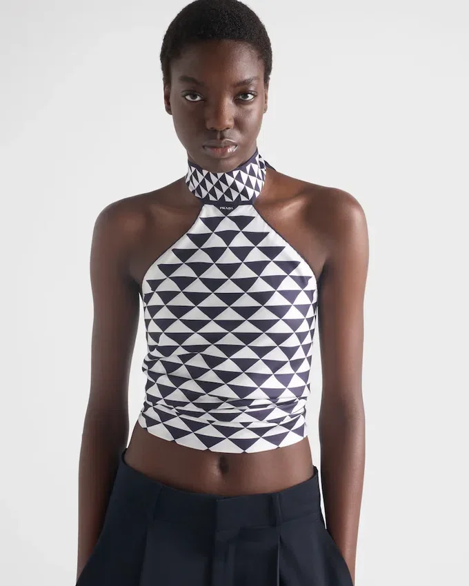 Top halter de sarga de seda estampado Top halter de sarga de seda estampado
